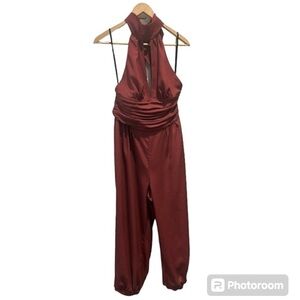 BEBE Cropped Plunge VNeck Halter Top Pleated Waist Jumpsuit Women size S